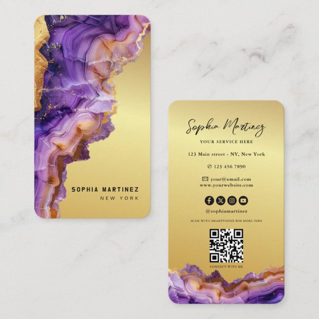 Cartão De Visita Modern Purple Agate gold marble & QR Code Logo (Frente/Verso)