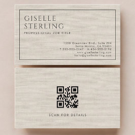 Cartão De Visita Modern QR Code Beige Linen Professional Luxury