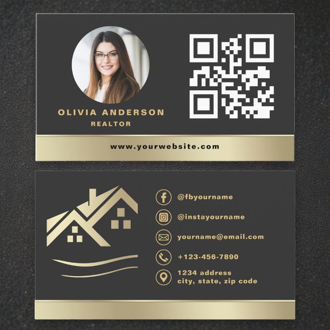 Cartão De Visita Modern QR Code Gold House Real Estate Realtor (Criador carregado)