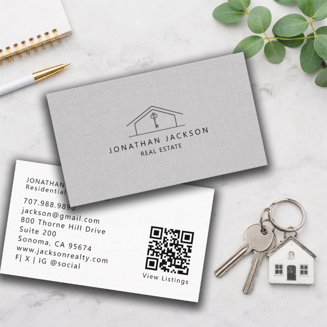 Cartão De Visita Modern Realtor Home Logo Gray Faux Linen (Criador carregado)