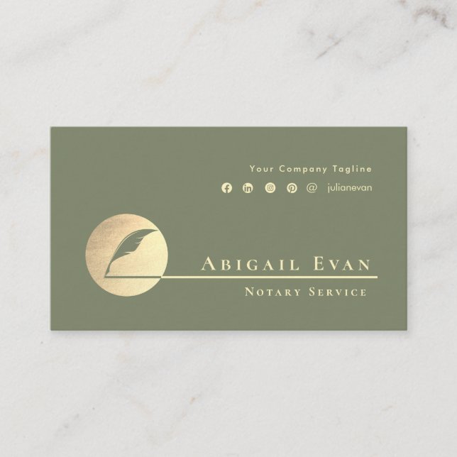 Cartão De Visita Modern Sage Green Gold Feather Logo Notary Service (Frente)