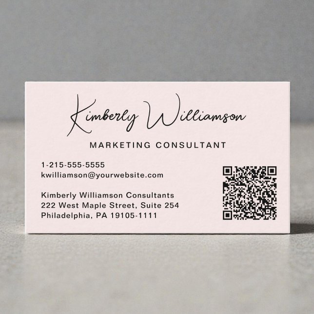 Cartão De Visita Modern Script QR Code Professional Pink (Modern Script QR Code Professional Pink Business Card)
