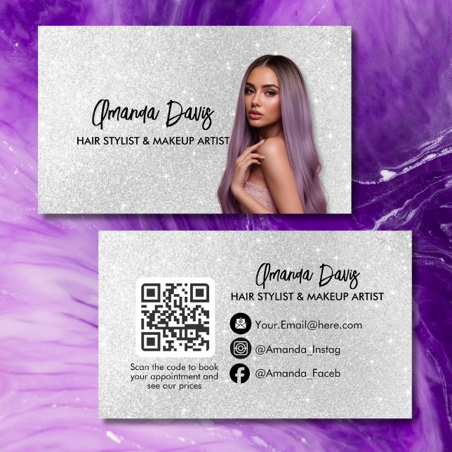 Cartão De Visita Modern Silver Makeup Photo QR Code Logo (Criador carregado)