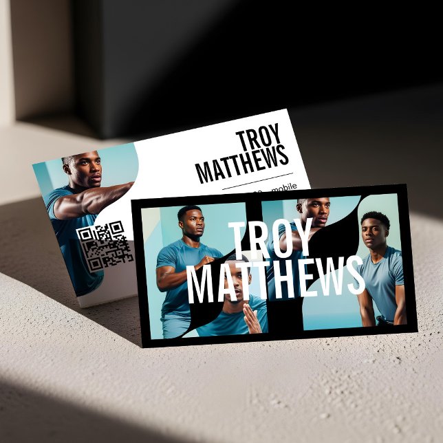 Cartão De Visita Modern Trendy Bold Personal Trainer Fitness Coach (Trendy Wavy Photo Frame Personal Trainer Fitness Business Card)