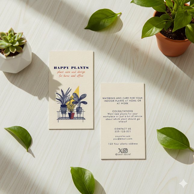 Cartão De Visita Moderna usina interna (Modern geometric house plant care guide business card.)