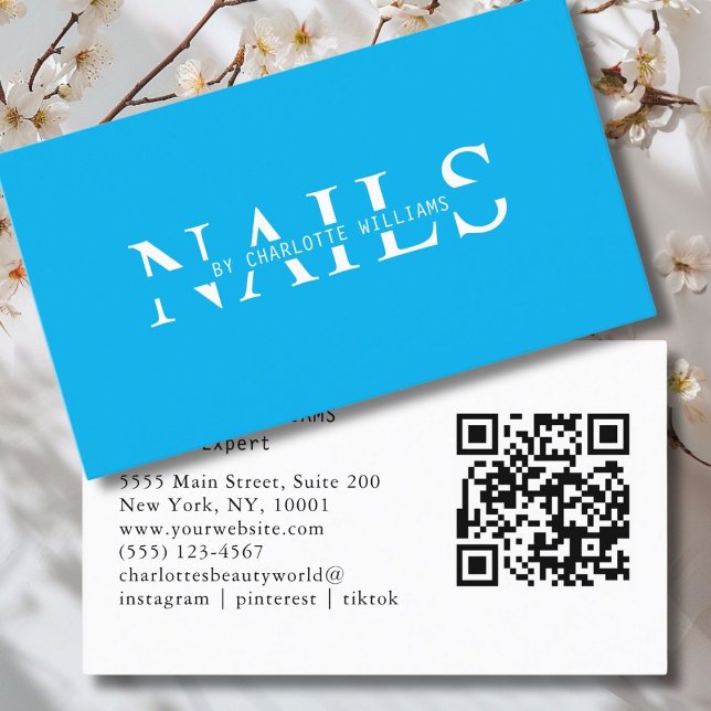Cartão De Visita Moderno, Azul, Código QR (Modern, Blue, QR Code Business Card. Perfect for Beauty, Nails, Lashes, Hair experts and more.)