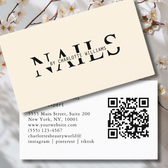 Cartão De Visita Moderno, bege, Código QR (Modern, Beige, QR Code Business Card. Perfect for Beauty, Nails, Lashes, Hair experts and more.)