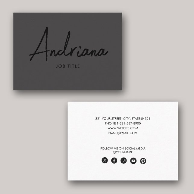 Cartão De Visita Moderno Black Rustic Script Social Media (Modern Black Rustic Script Social Media Business Card)