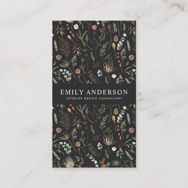 Cartão De Visita moderno botânico negro, elegante contemporâneo (Frente)