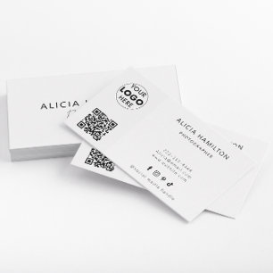 Cartão De Visita Moderno Branco Código QR e logotipo Minimali