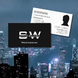 Cartão De Visita Moderno branco preto clássico com monograma e foto