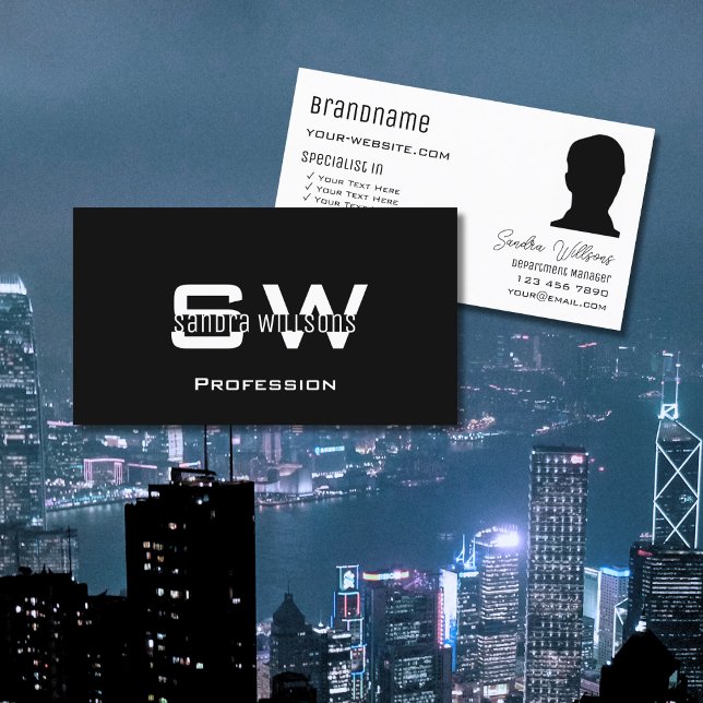 Cartão De Visita Moderno branco preto clássico com monograma e foto (Criador carregado)