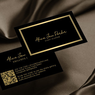 Cartão De Visita Moderno código QR metálico dourado preto profissio