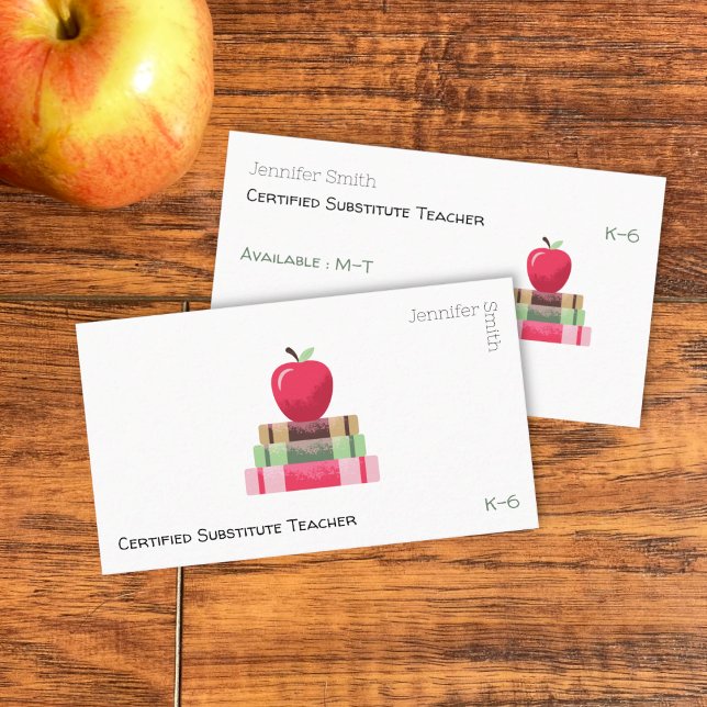 Cartão de Visita Moderno de Professor com Maçã Ver (Red apple on book educator white double-sided business card .)