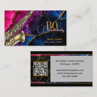 Cartão De Visita Moderno Dourado Saxofone Jazz & QR Code, Monograma
