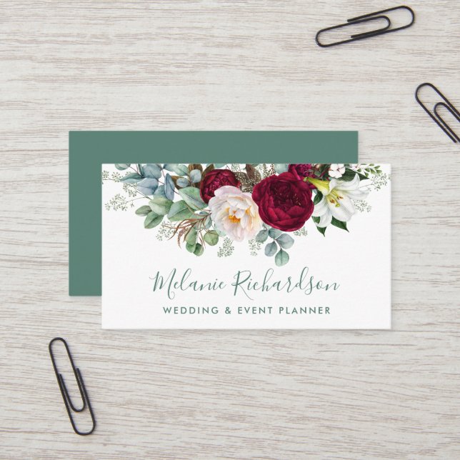 Cartão De Visita Moderno Elegante Aquarela Verde Borgonha Floral (Frente/Verso In Situ)