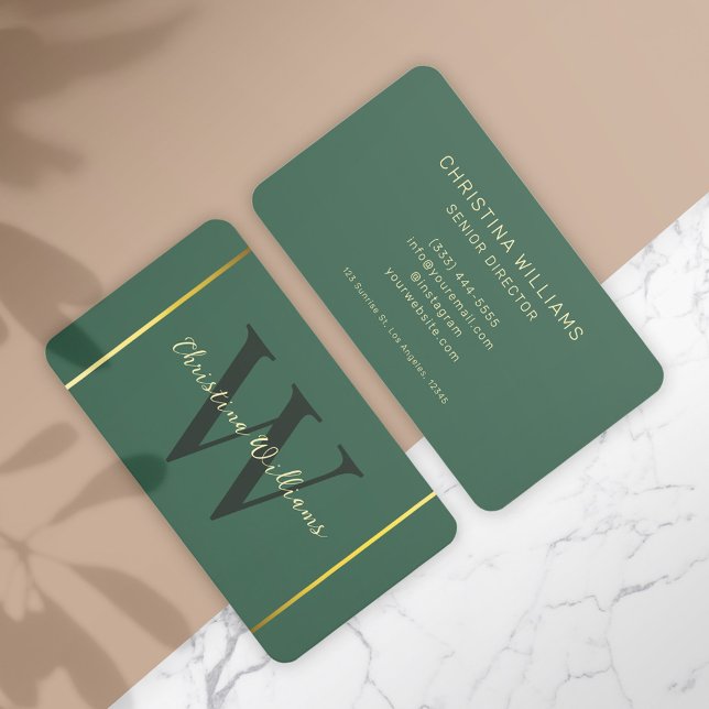 Cartão De Visita Moderno Elegante Dourado Verde Profissional (Professional Green Gold Minimalist Elegant Modern Business Card)