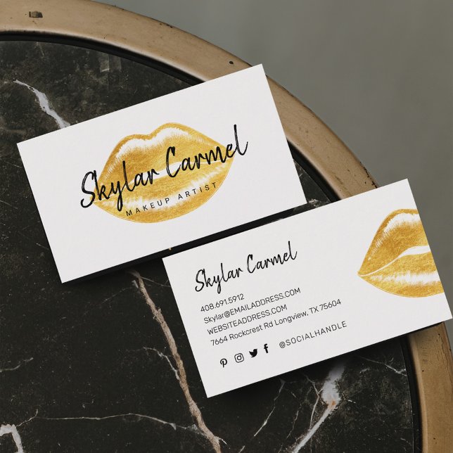 Cartão De Visita Moderno Faux Dourado Lip Trendy Makeup Artist Whit (Modern Faux Gold Lip Trendy Makeup Artist White Business Card)