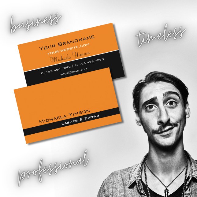 Cartão De Visita Moderno Laranja e Chic Preto Simples Profissional (Criador carregado)