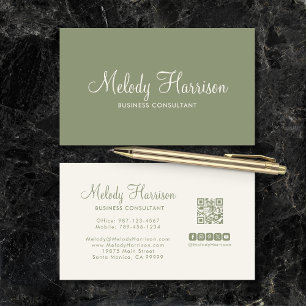 Cartão De Visita Moderno Minimalista Elegante Código QR Verde Sage