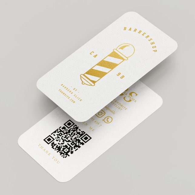 Cartão De Visita Moderno Mínimo de Barber Pole Branco Dourado de Ba (Barbershop Gold Barber Pole White Minimal Modern Business Card
)