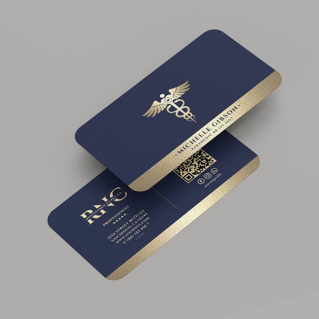 Cartão De Visita Moderno Monograma Médico Caduceus Azul Faux Dourad (Modern Monogram Medical Caduceus Blue Gold Business Card
)