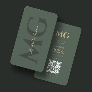 Cartão De Visita Moderno Monograma Verde Escuro Código QR Verde