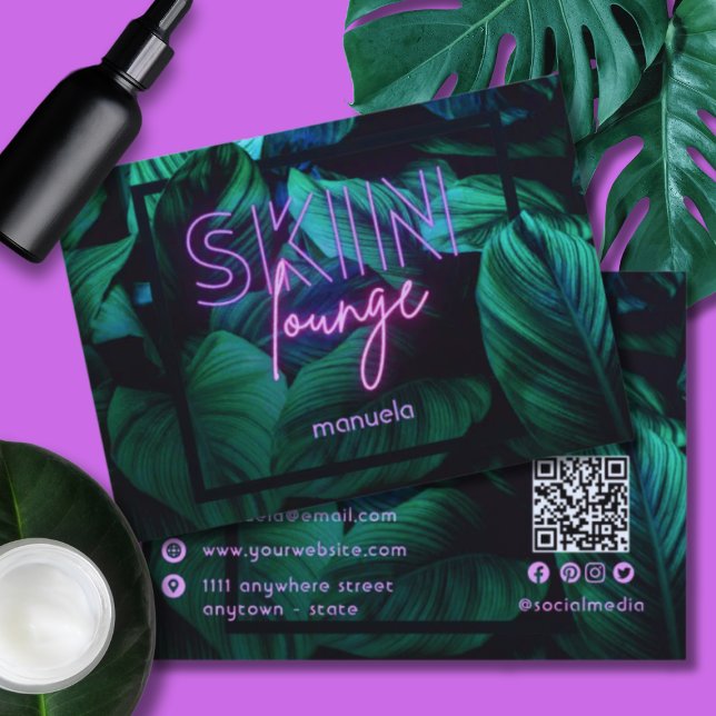 Cartão De Visita Moderno Neon Pink Skounge QR Code Professional (Criador carregado)