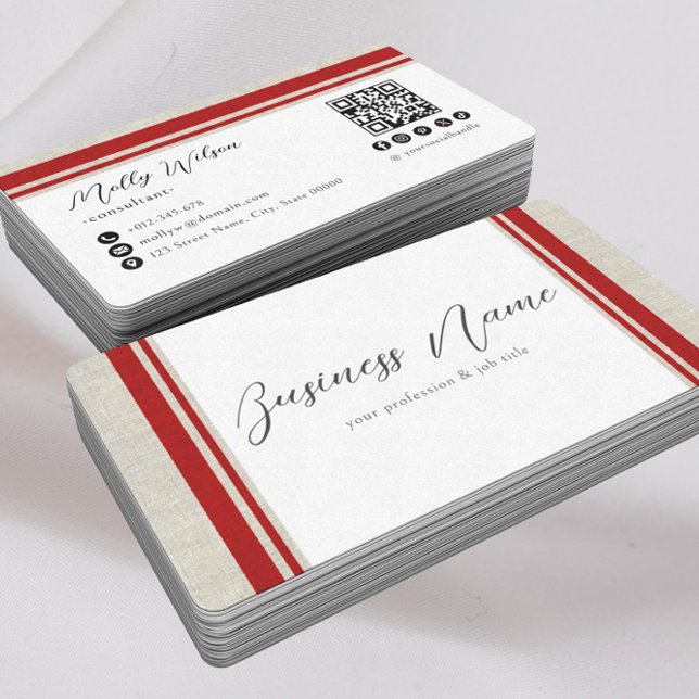 Cartão De Visita Moderno Retro Faux Linen QR Code Mídia Social (Criador carregado)