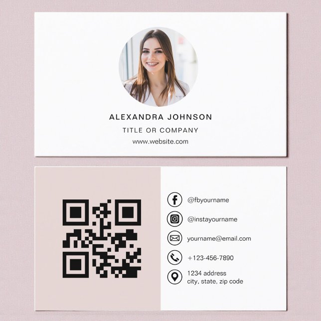 Cartão de Visita Moderno Rosa Bege com Código QR p (Criador carregado)