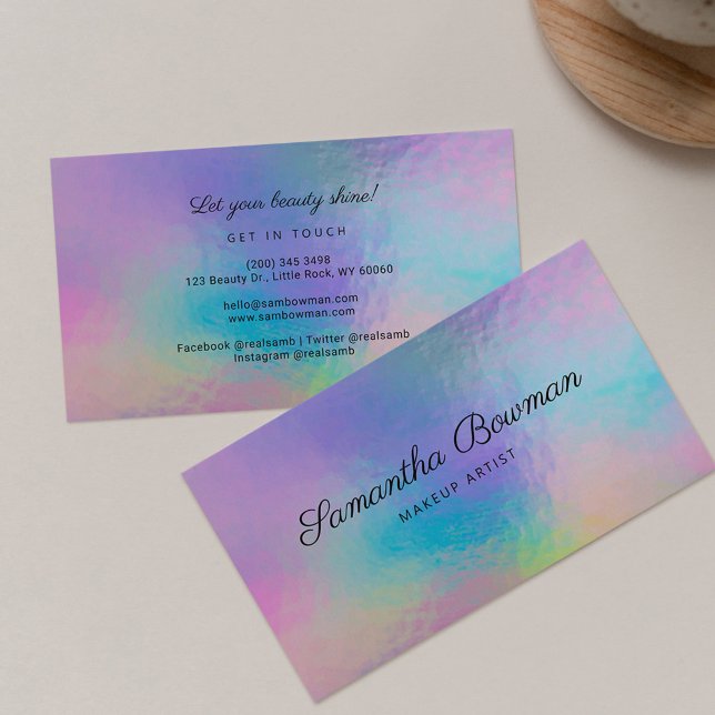 Cartão De Visita Moderno Script Makeup Artist Faux Holographic (Modern Holographic Purple Makeup Artist Business Card)