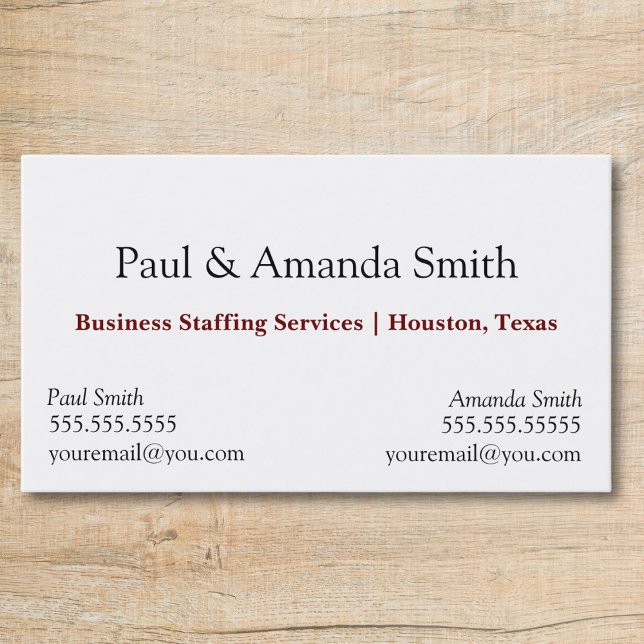 Cartão de visita moderno simples com 2 nomes e con (business card with slot for two names professional black and white with maroon text, two contacts)