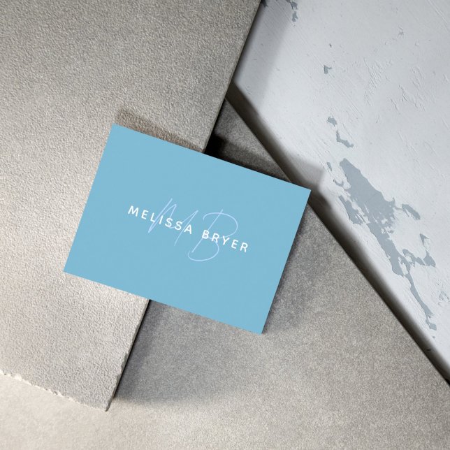 Cartão De Visita Moderno Simples Patel Azul Monogramado (Modern Simple Patel Blue Monogrammed Business Card)