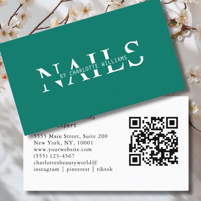 Cartão De Visita Moderno, Verde, Código QR (Modern, Green, QR Code Business Card. Perfect for Beauty, Nails, Lashes, Hair experts and more.)
