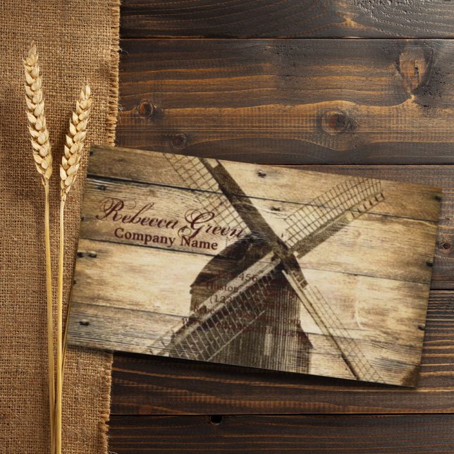 Cartão De Visita moinho de fazenda do oeste de madeira russa (rustic wood western country farm windmill business card)