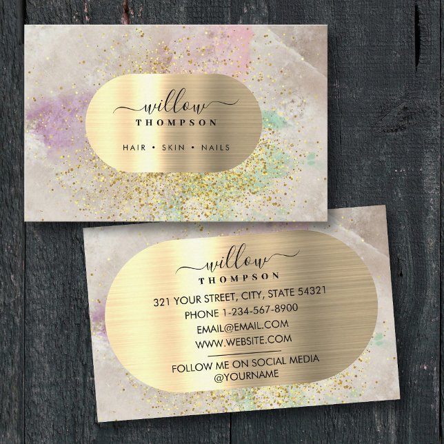 Cartão De Visita Mola de Aquarela e Pedra Natural Folha Dourada de  (Watercolor & Natural Stone Faux Gold Glitter Foil Business Card)