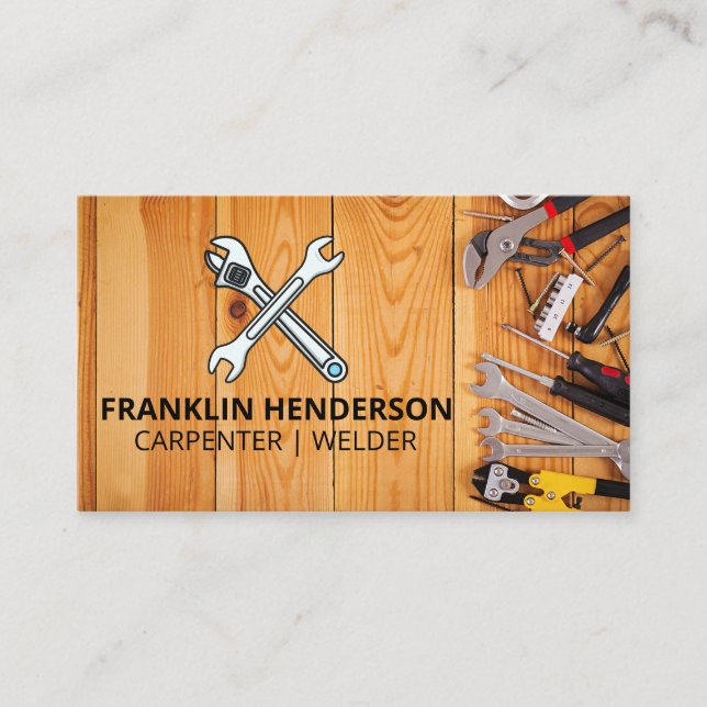 Cartão De Visita Molas | Ferramentas na Mesa de madeira (Frente)