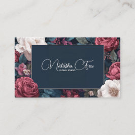 Cartão De Visita Moldura Azul Marinho Floral Rosa Vitoriana Escura