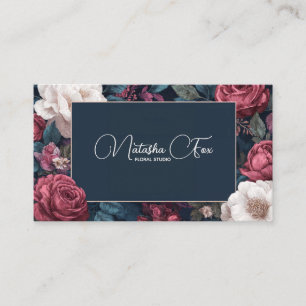 Cartão De Visita Moldura Azul Marinho Floral Rosa Vitoriana Escura
