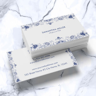 Cartão De Visita Moldura com Redemoinho Vintage Azul em Branco