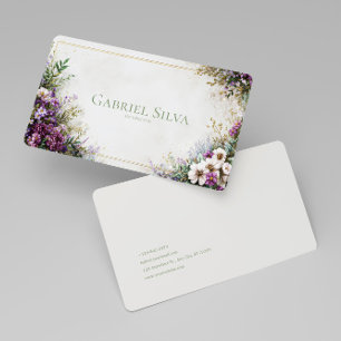 Cartão De Visita Moldura Dourada de Aquarela de Jardim Floral Roxo 