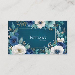 Cartão De Visita Moldura Dourada Floral Azul Água-forte Azul Esverd