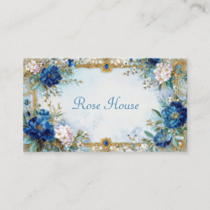 Cartão De Visita Moldura Dourada Ornamentada Floral Azul Vitoriana 