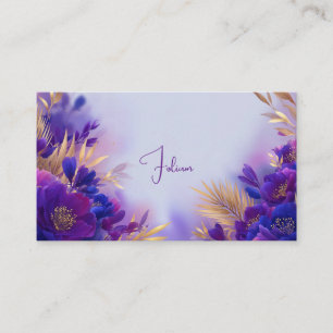 Cartão De Visita Moldura Geométrica Floral Dourada Violeta Elegante