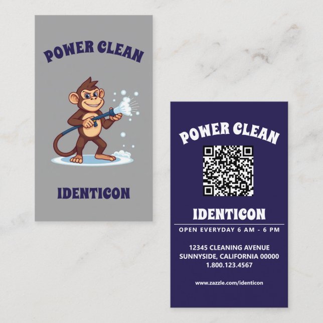Cartão De Visita Monkey Power Clean with QR code (Frente/Verso)