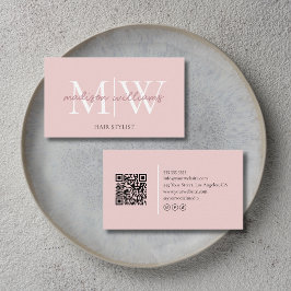 Cartão De Visita Monogram Blush Pink Hair Stylist QR Code