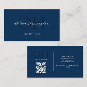 Cartão De Visita Monograma Azul de Marinho de Código QR de Script M