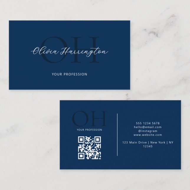 Cartão De Visita Monograma Azul de Marinho de Código QR de Script M (Frente/Verso)