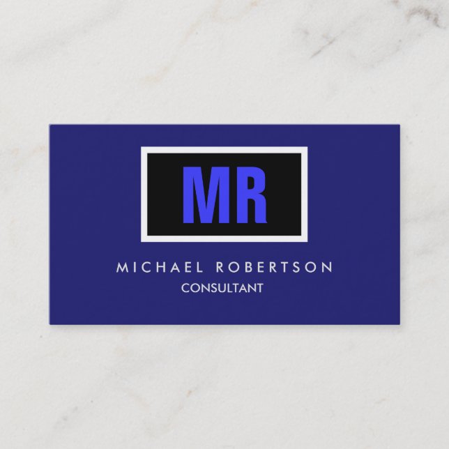 Cartão De Visita Monograma Azul de Meia-Noite Preto de Qualidade Ún (Frente)
