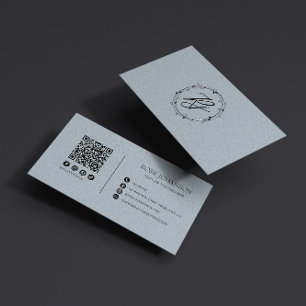 Cartão De Visita Monograma Azul de Pastel Claro QR e Mídia Social